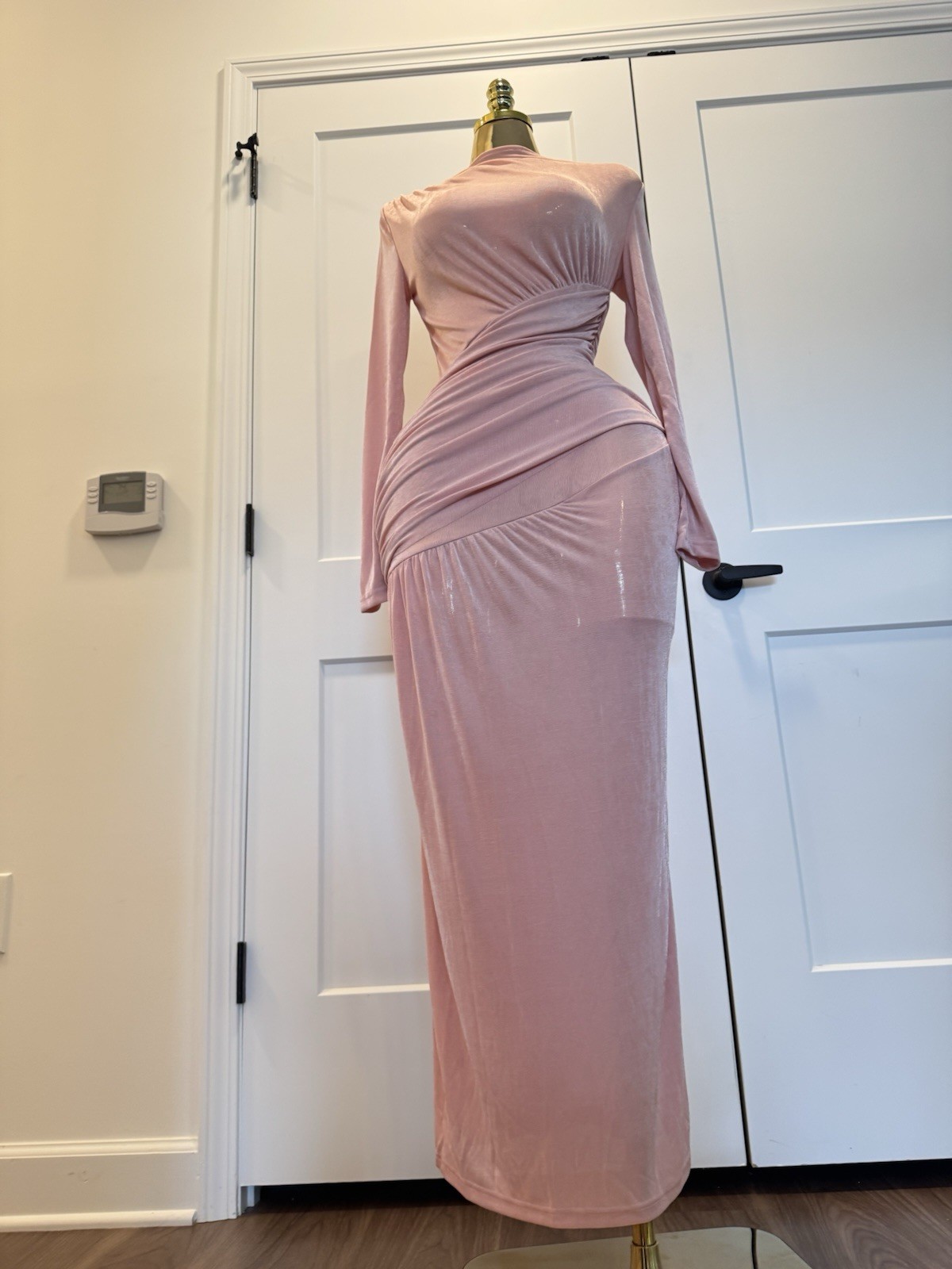 Women’s Sheer Bodycon Maxi Dress Long Sleeve Stretch Ruched Evening Party Dress