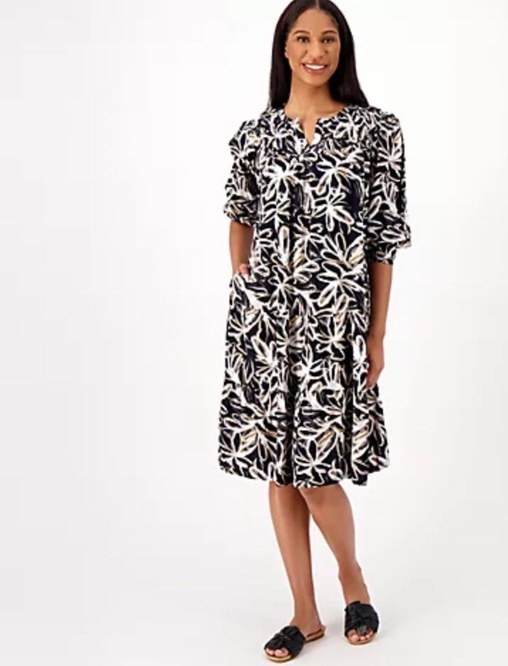 LOGO by Lori Goldstein Women’s Woven 3/4-Sleeve Tiered Dress, Black Multi, XS
