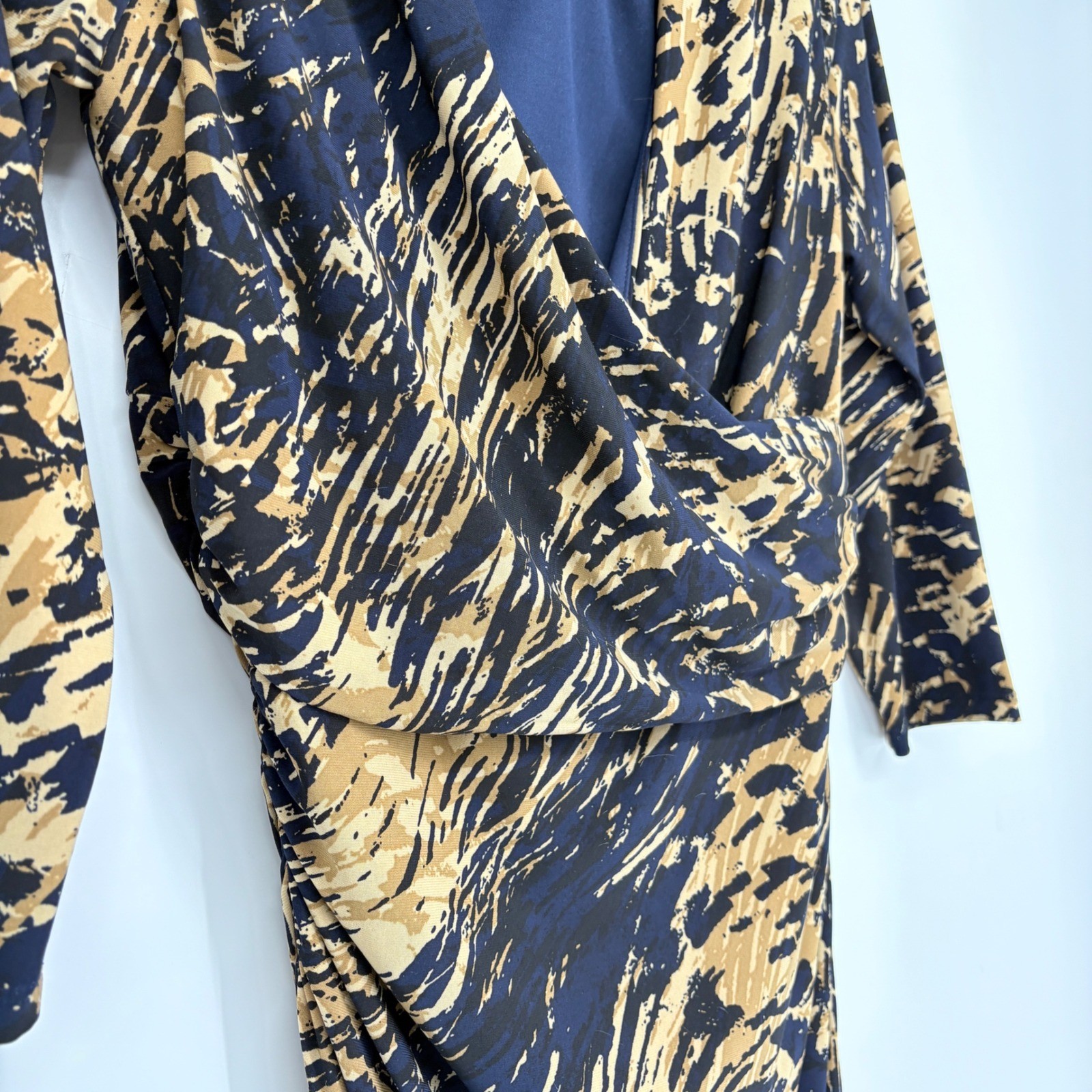 American Living Navy Blue Gold Abstract Print Ruched Faux Wrap Sheath Dress 10