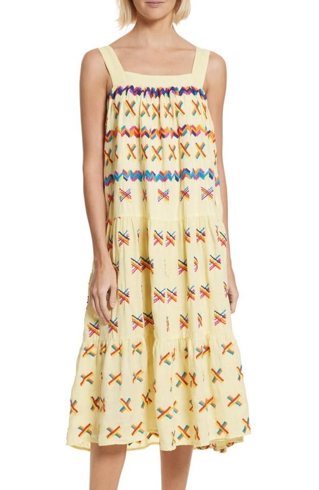 ALL THINGS MOCHI Women’s Remi Embroidered Midi Summer Dress Yellow Sz. Medium