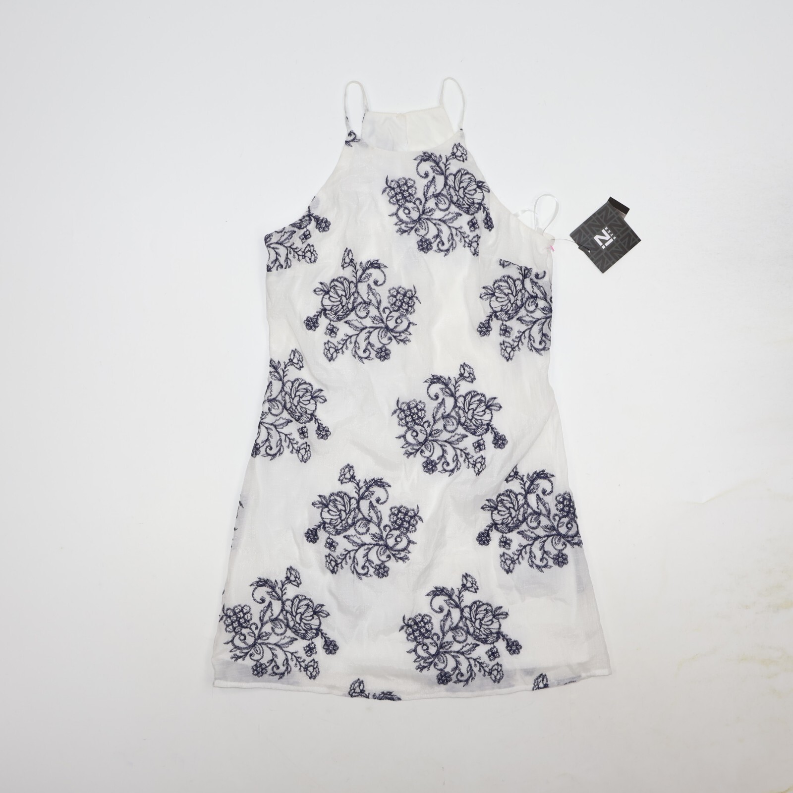 New IZ Byer Mini Dress Small Floral Strappy Sleeveless White Blue NWT