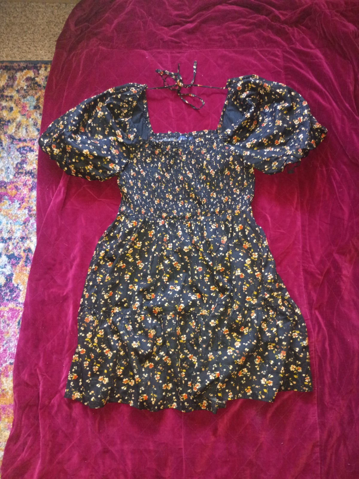 Gap Black And Floral Puff Sleeve Smocked Knee Length Dress Size Large