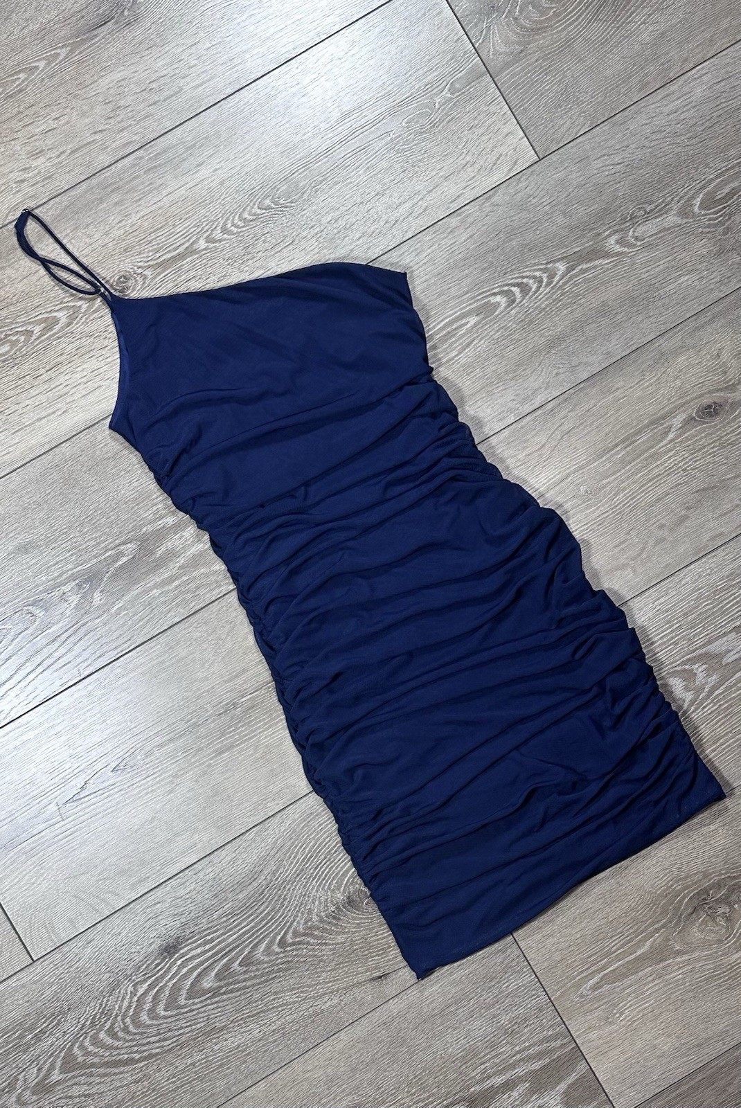 Cotton Candy LA Navy Ruched One Shoulder Mini Bodycon Dress S Mesh Asymmetrical