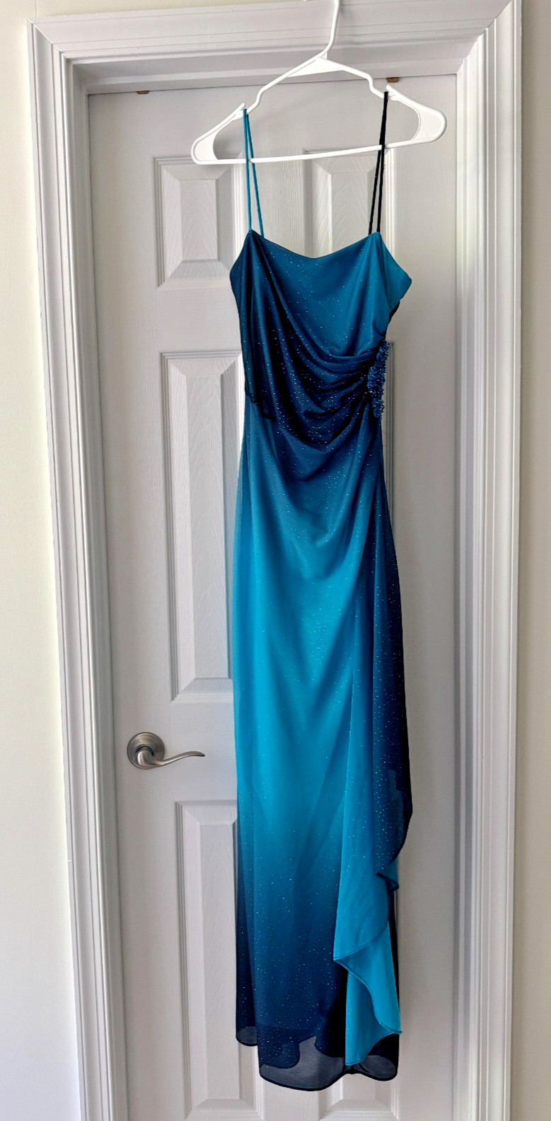Vintage Y2K Reign On Ombre Glitter Prom Dress Aqua Navy Blue Drape Maxi Gown 1/2