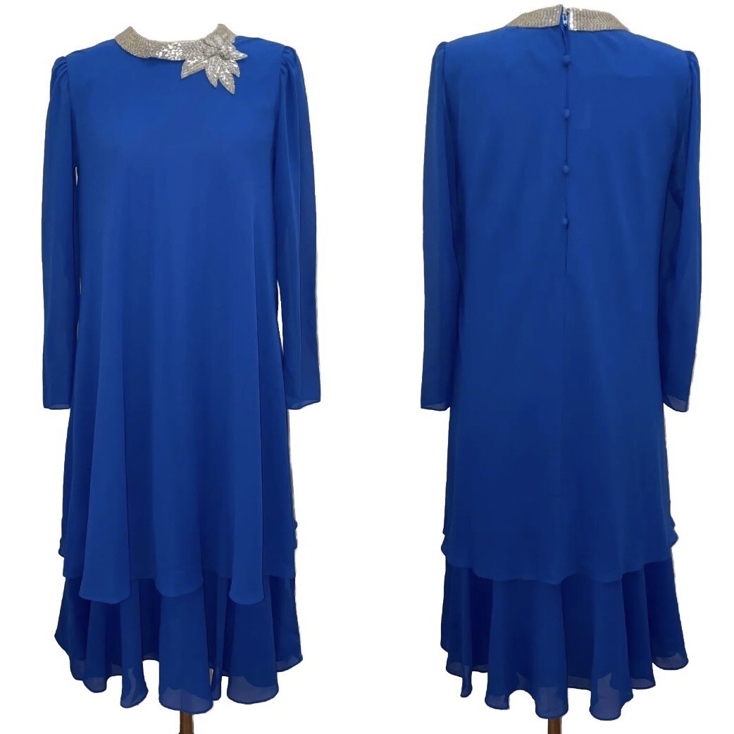 Vintage 80s Cobalt Royal Blue Beaded Chiffon Tiered Midi Dress Size S/M Evening