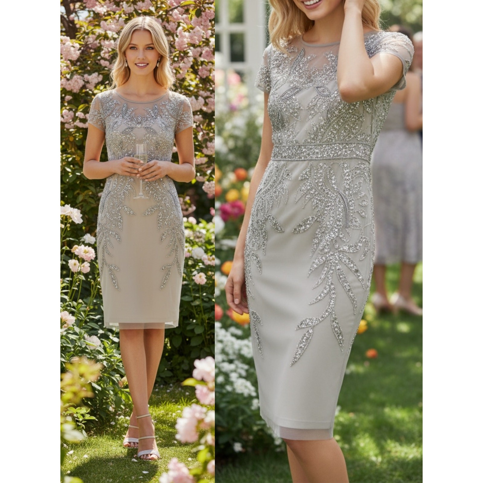 ADRIANNA PAPELL DRESS 14 SILVER SEQUIN BEADED WEDDING GUEST COCKTAIL PARTY SHORT