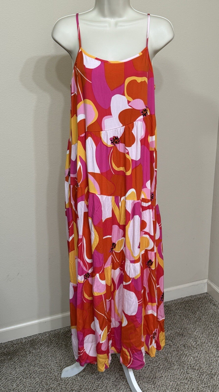 Anrabess Women’s Pink & Orange Floral Print Adjustable Strap Soft Maxi Dress M