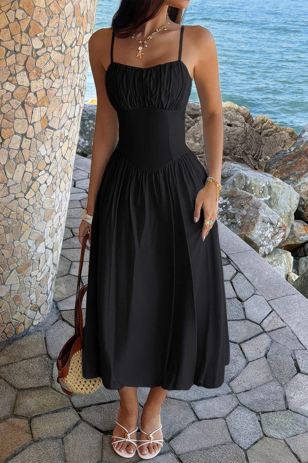 Women’s Square Neck Sleeveless Ruched Bust A-Line Midi Dress Open Back