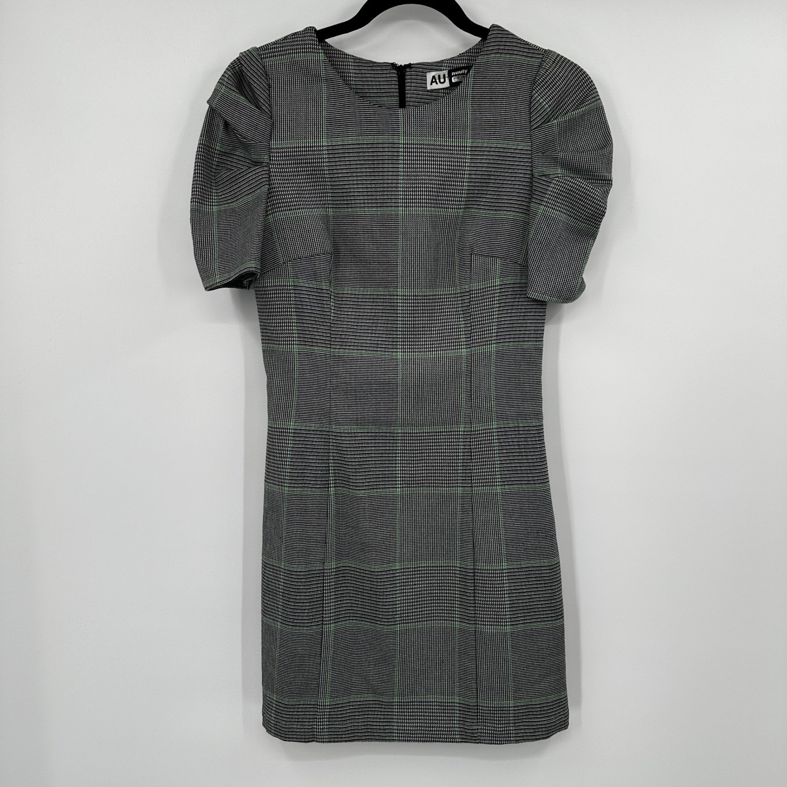 AU by nuuly Women’s Plaid Sheath Dress Puff Sleeve Zipper Back Office Career P