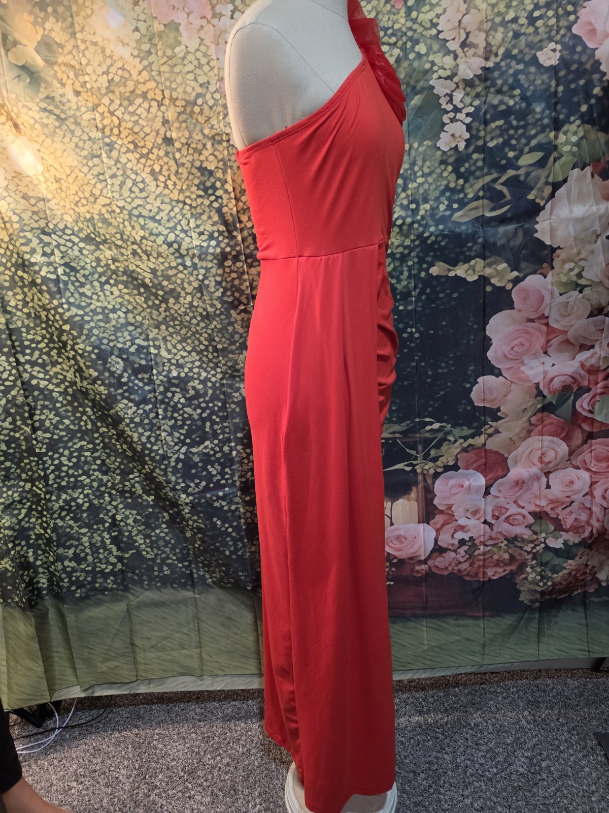 SHEIN Red One Shoulder Ruffle Ruched Chiffon Maxi Dress Women’s Size 4