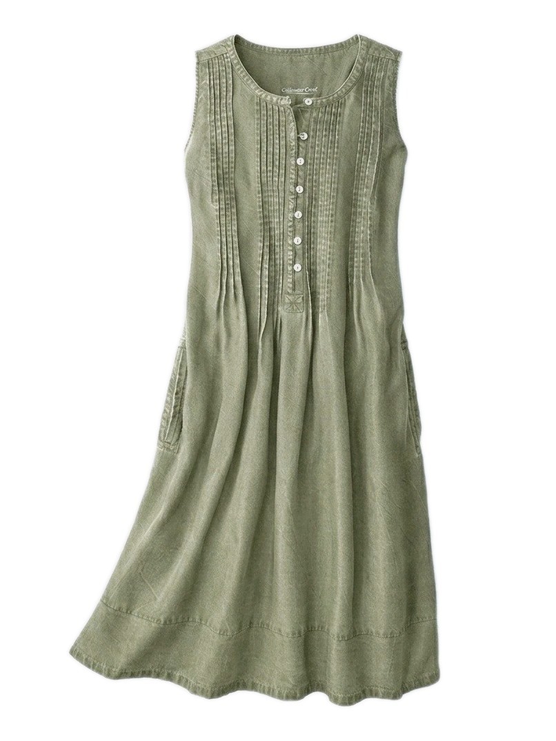 Coldwater Creek Floria Pintuck Tencel Midi Dress Sleeveless Green Women’s Size S