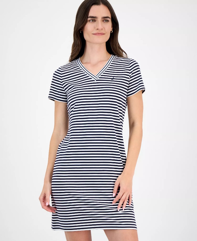 $59 Nautica Jeans Nautica Women V Neck T-Shirt Dress Black White Stripe Size M