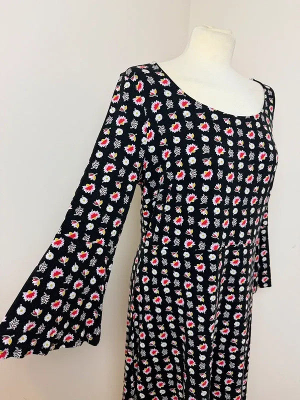 Boden Black Floral Jersey Midi Dress UK 16 Long Bell Sleeve Stretch Casual Dress