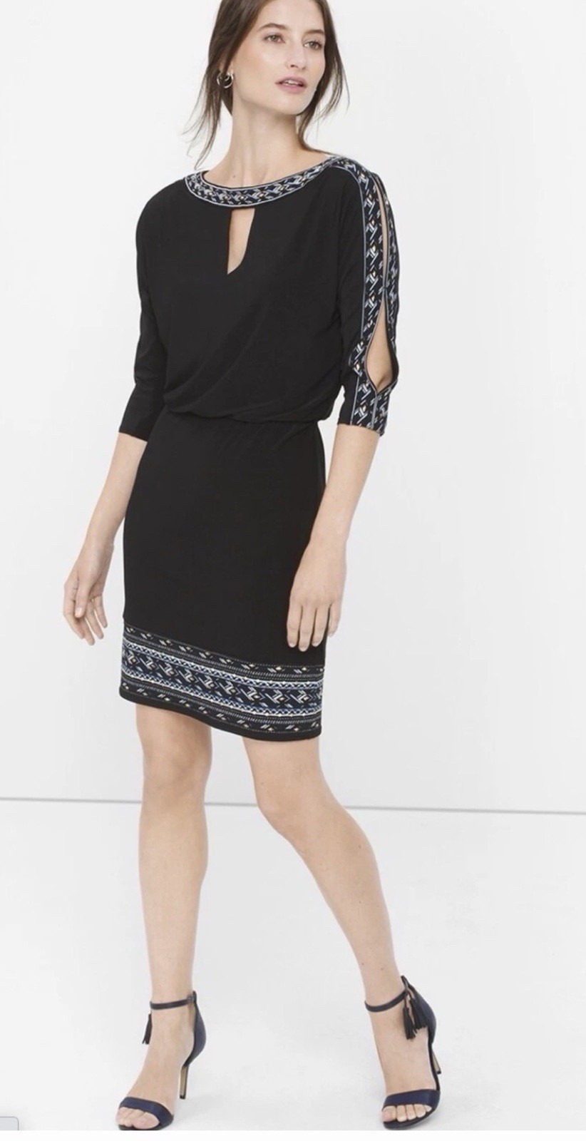 White House Black Market Embroidered Blouson Split Sleeve Dress Size L NWT