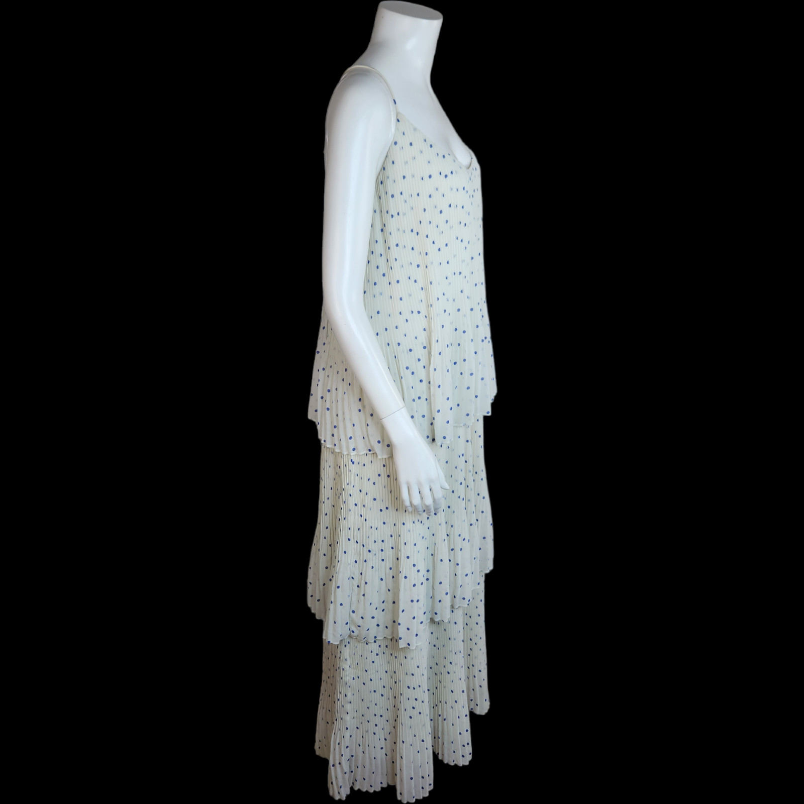 NWT Samsoe Samsoe Womens Large White Pleated Blue Polka Dot Maxi Dress Tatiana