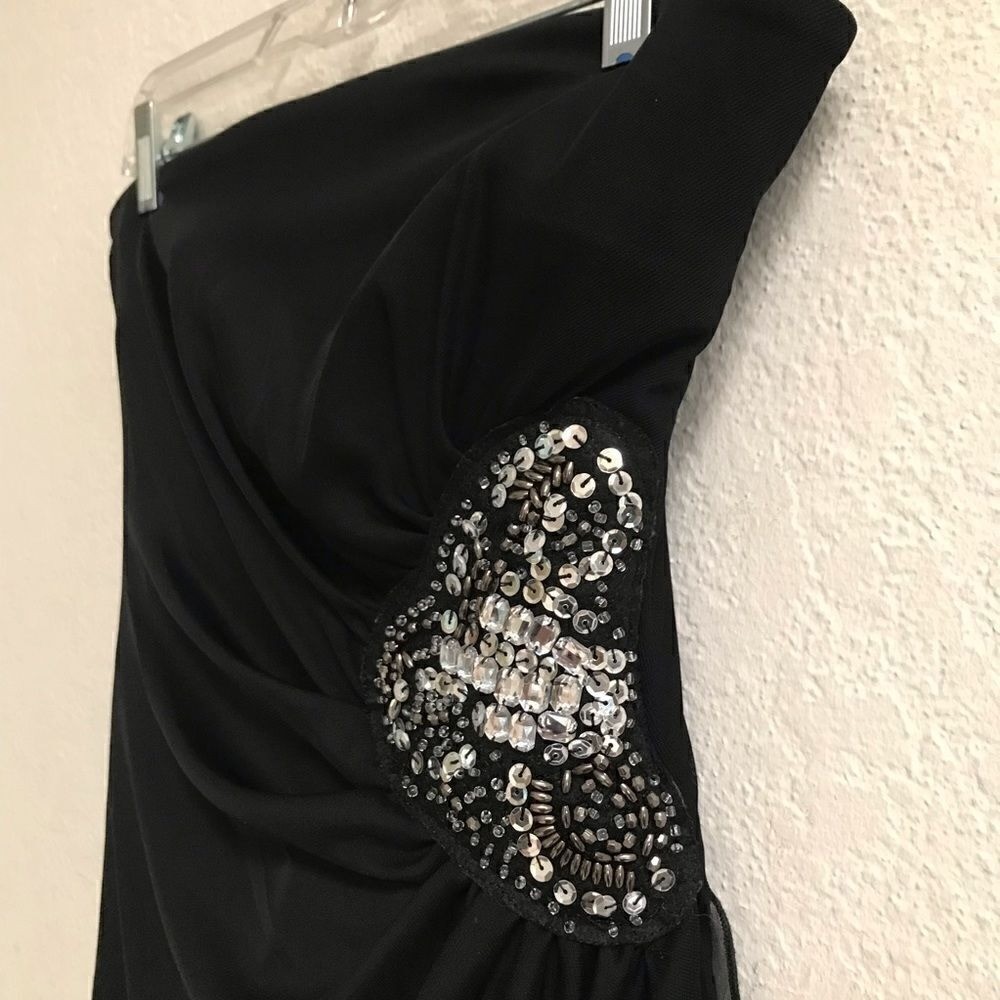Teaze Me Y2K retro black strapless pull on high/low party prom mini dress 6*