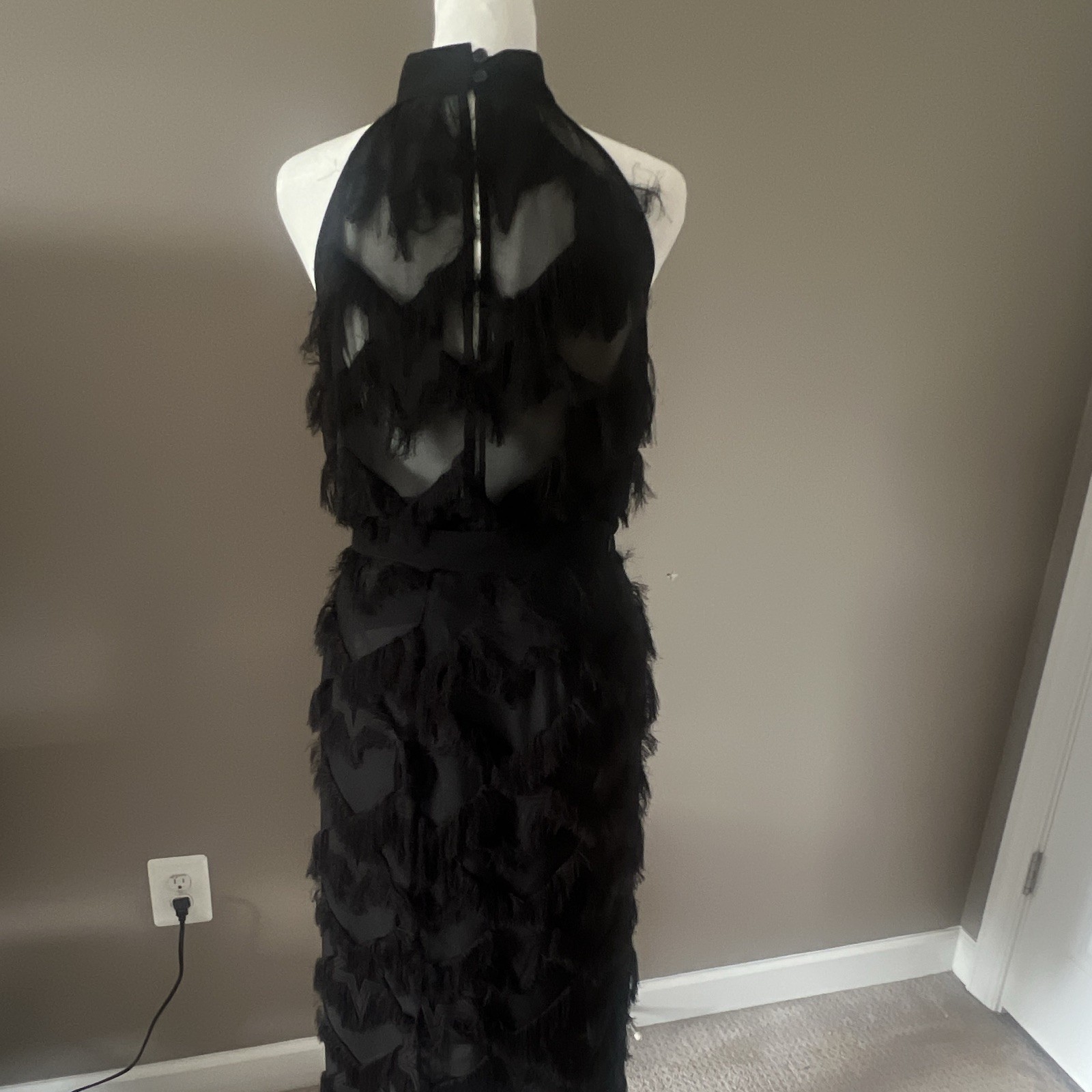 Marella Gattini Black Sheer Mesh Fringe Long Pencil Skirt High Rise 4