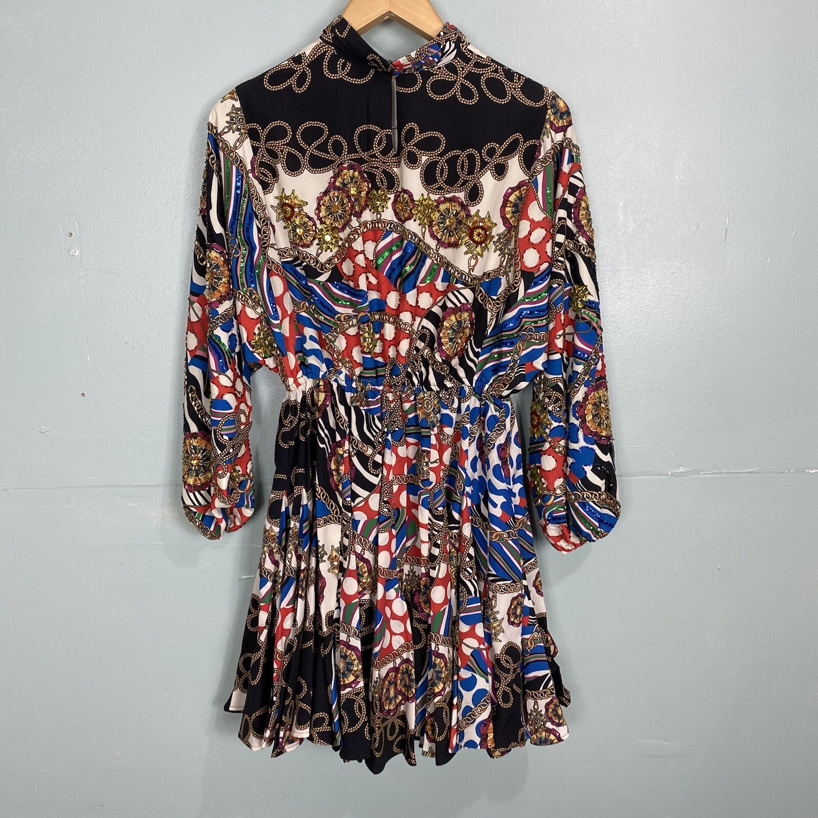 Rhode Caroline Chain Print Mini Dress Beaded Colorful Fit Flare Sz Small Sequin