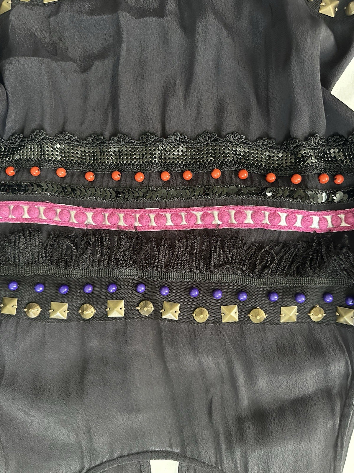 Plenty Size 2 Black Shift Mini Dress Pink Purple Beaded Fringe Studs