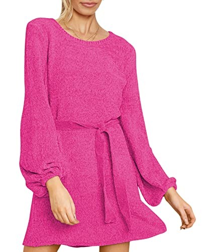 WOMEN’S 2024 FALL WINTER ELEGANT CHENILLE SWEATER DRESS MOCK NECK – HOT PINK