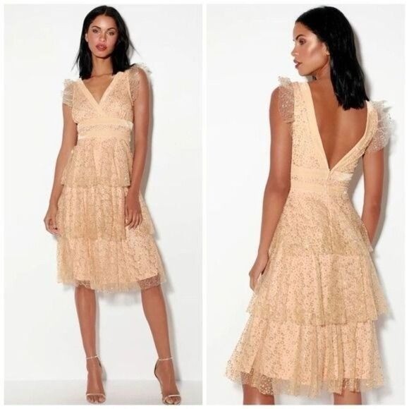 Lulus Stunning Love Nude and Gold Glitter Tiered Midi Party Cocktail Dress Small
