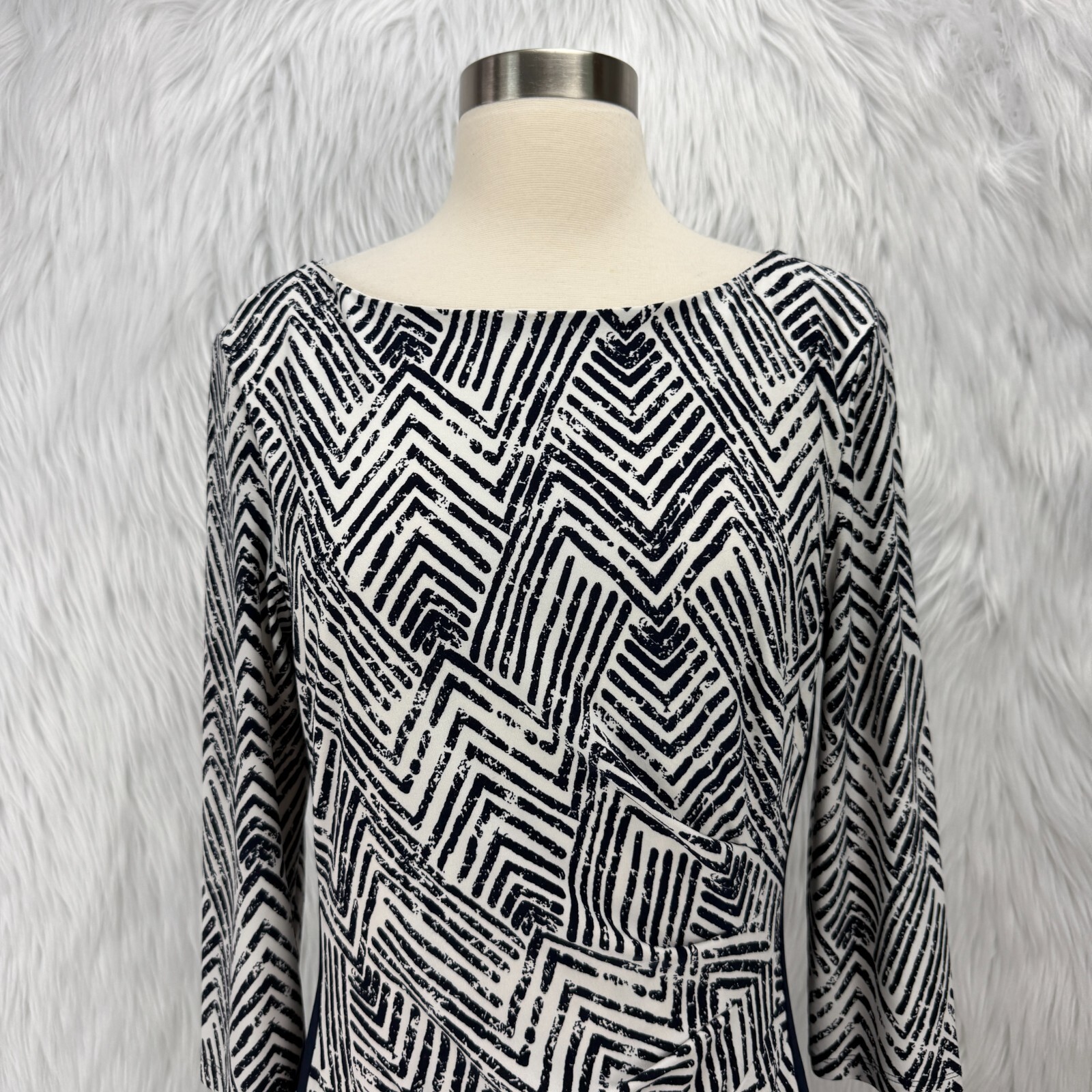 Lauren Ralph Lauren Dress Navy White Sz 10 Geometric Print Ruched 3/4 Sleeve