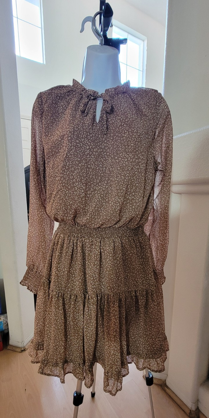 Jessica Simpson Brown Leopard Print Smocked Ruffle Tiered Mini Dress SMALL