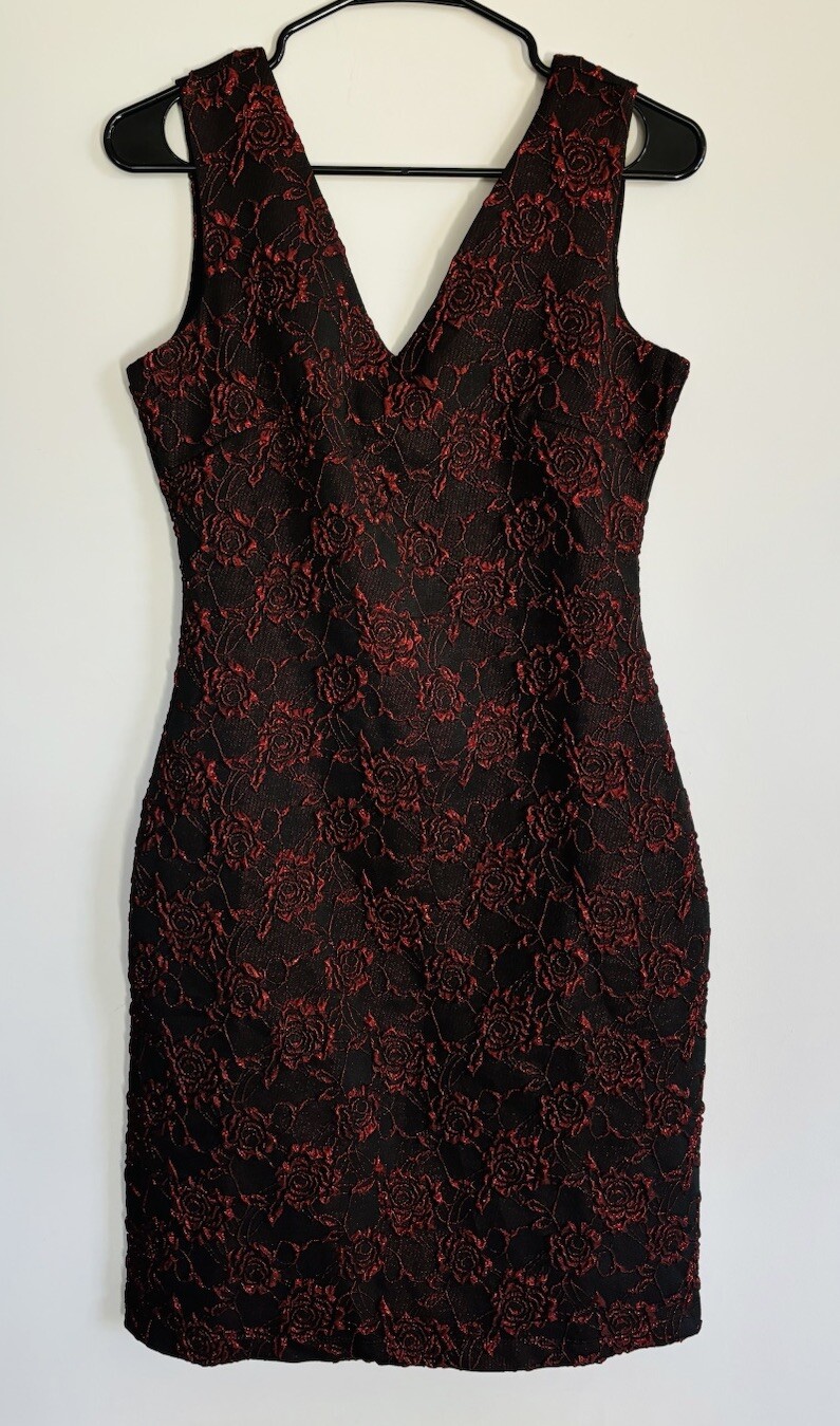 Donna Ricco Sheath Dress Womens Size 2 Floral Red Brown NWT V-Neck Zip Metallic