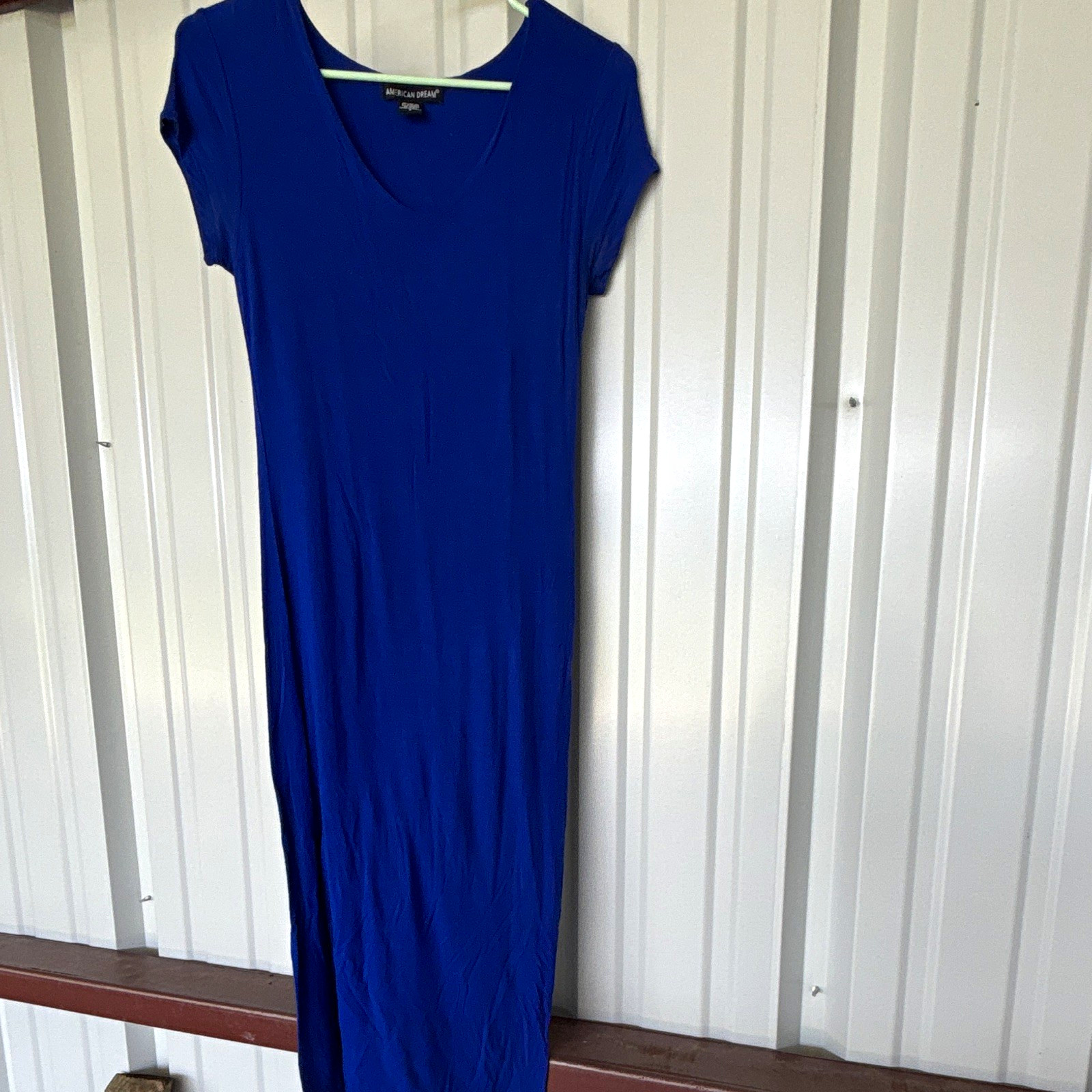 American Dream Blue Solid V-Neck Short Sleeve Maxi Dress Size S Poly/Spandex