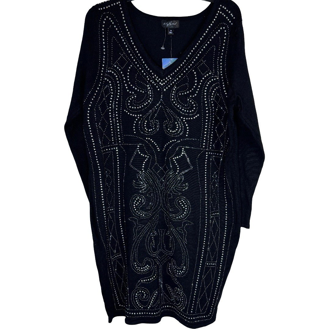Say What Womens 2X Black Rhinestone Embellished V-Neck Sweater Dress Tunic NEW