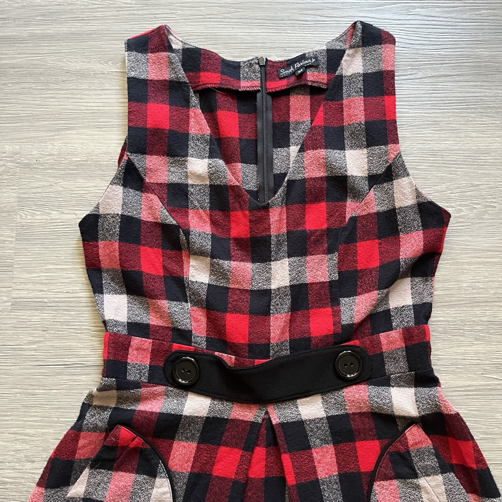 Smak Parlour Red Black White Plaid Sleeveless Scoop Neck A-Line Dress M