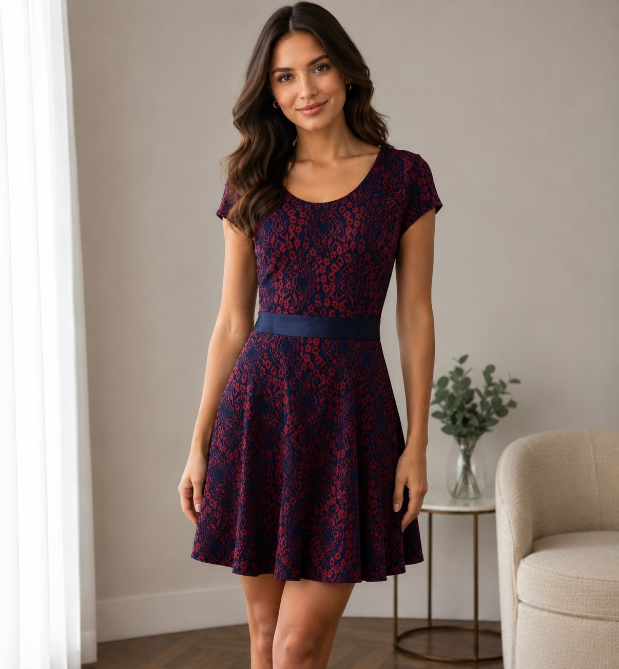 NEW Miusol Lace Damask Dress Fit n Flare V Back Satin Belt XL Cocktail Wedding