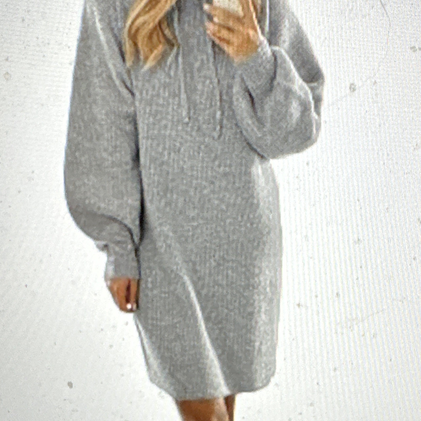 Women’s Gray Knit Hooded Drawstring Pullover Sweater Dress Long Sleeve M