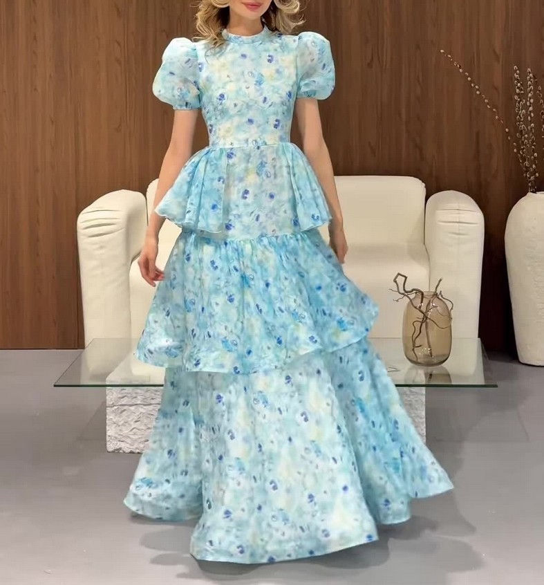 Summer New Retro Short-Sleeved Elegant Temperament Holiday Layered Dress Womens