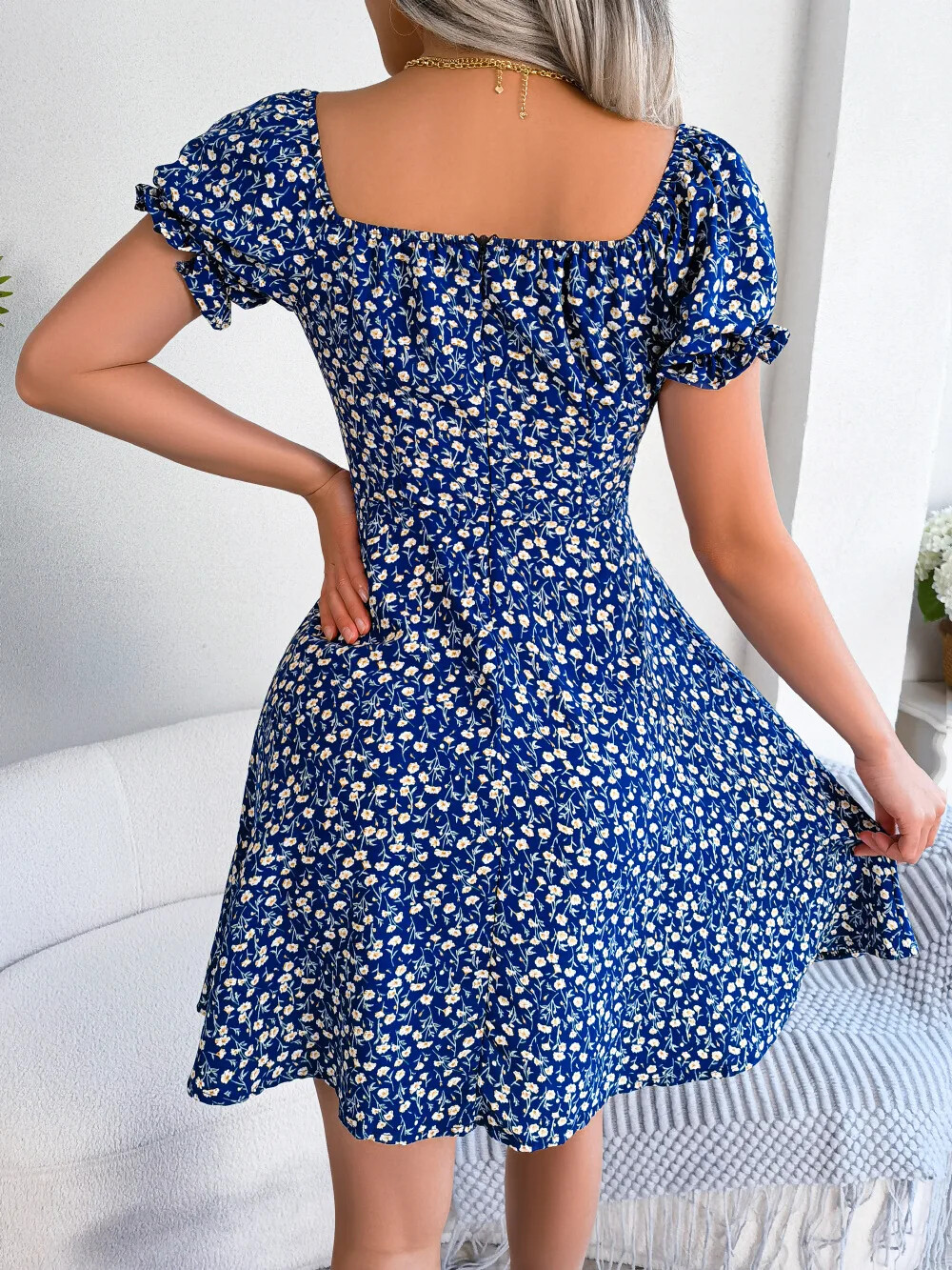 Spring Summer Square Collar Floral Ruffles Mini Dress Women Casual Flare Sleeves