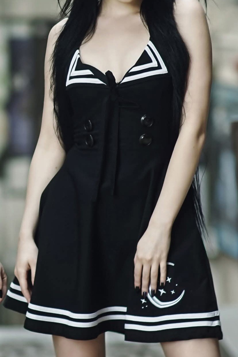 Killstar Sailor Yuzuki Sundress XL Black White Short Skater Embroidered