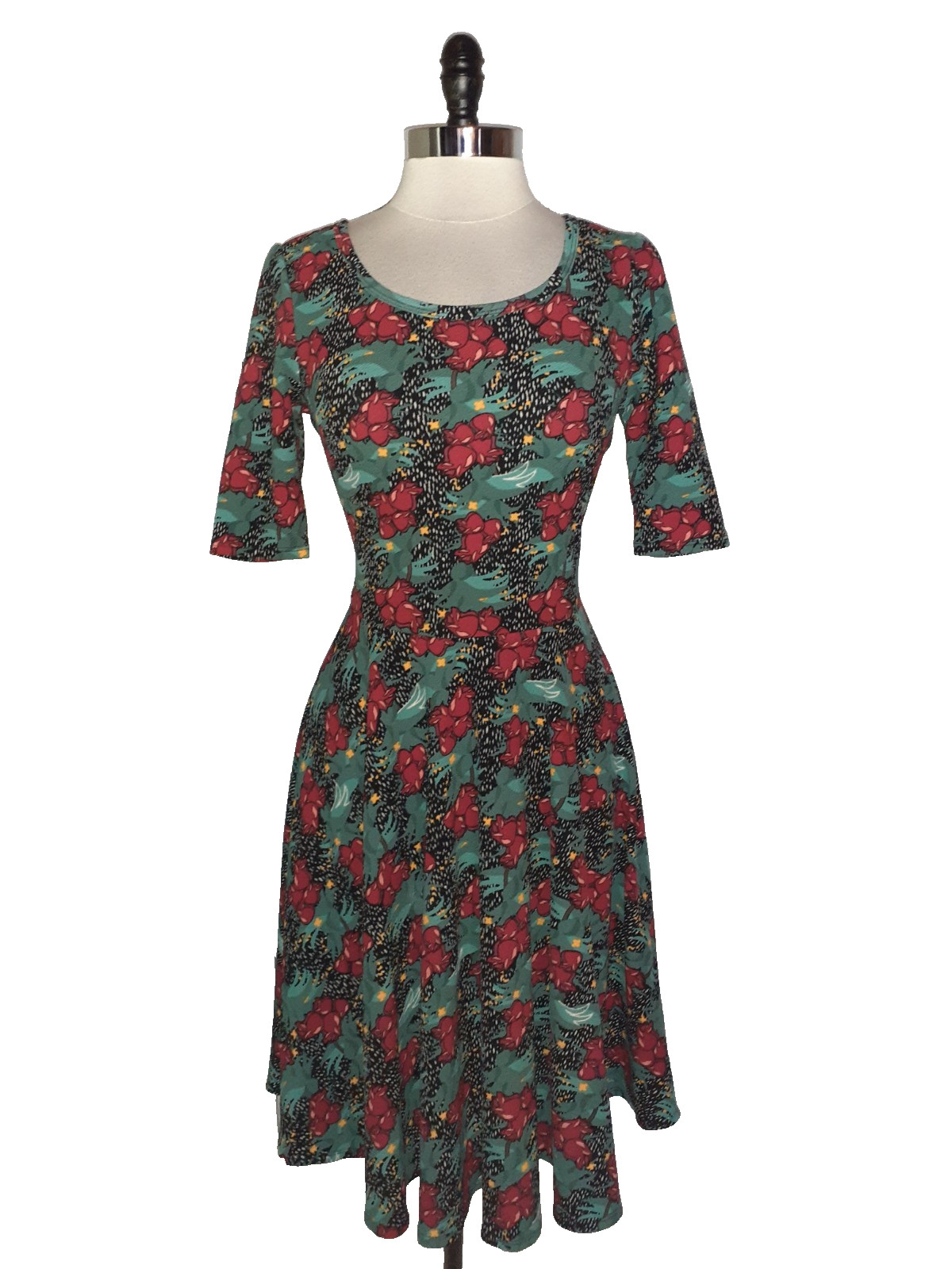 NEW LULAROE Size L Nicole Dress Black Red Green Floral Short Sleeve Knee Length
