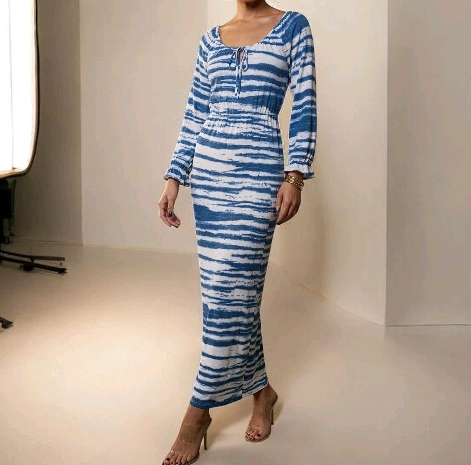 Retro Simone Maxi Dress M Blue & White Tie-Dye Boho Beach Cover-Up 100% Rayon