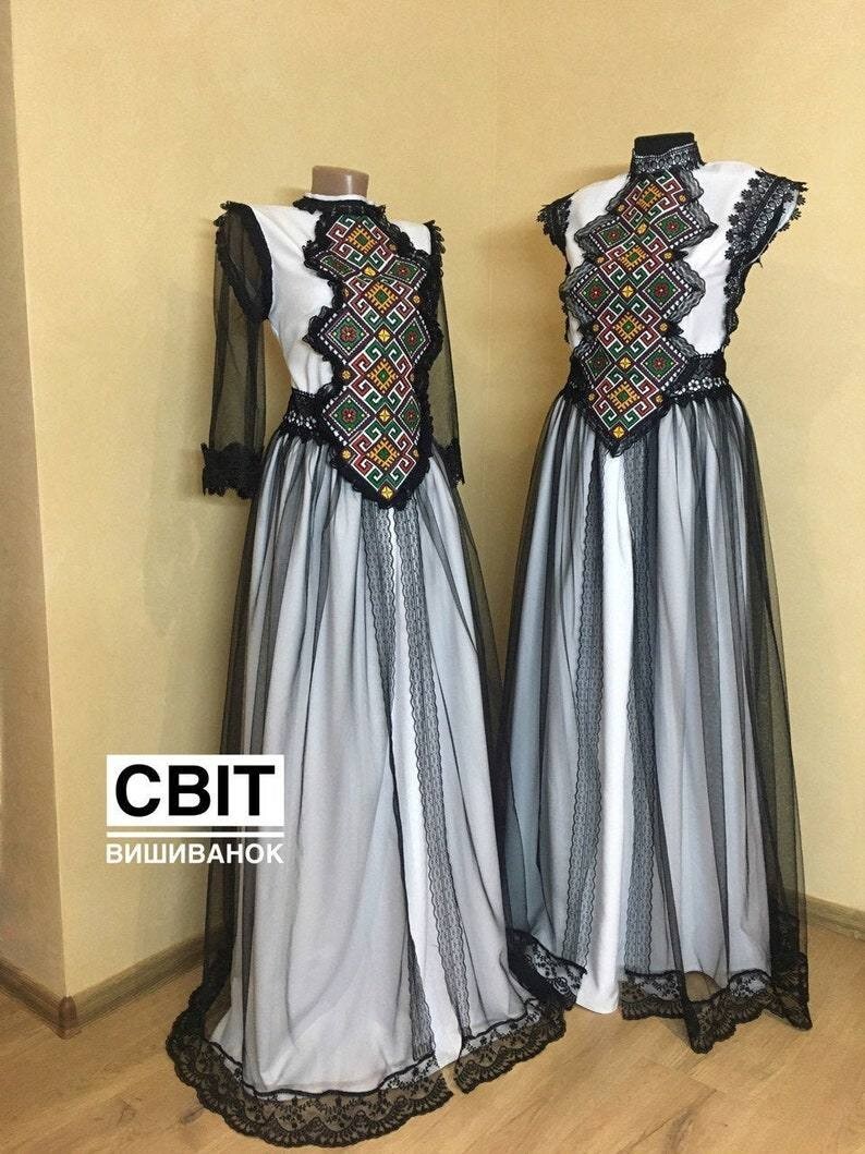 Embroidery Maxi Dress Caftan Chic Ukrainian Vyshyvanka Linen Bohemian 3/4 Sleeve