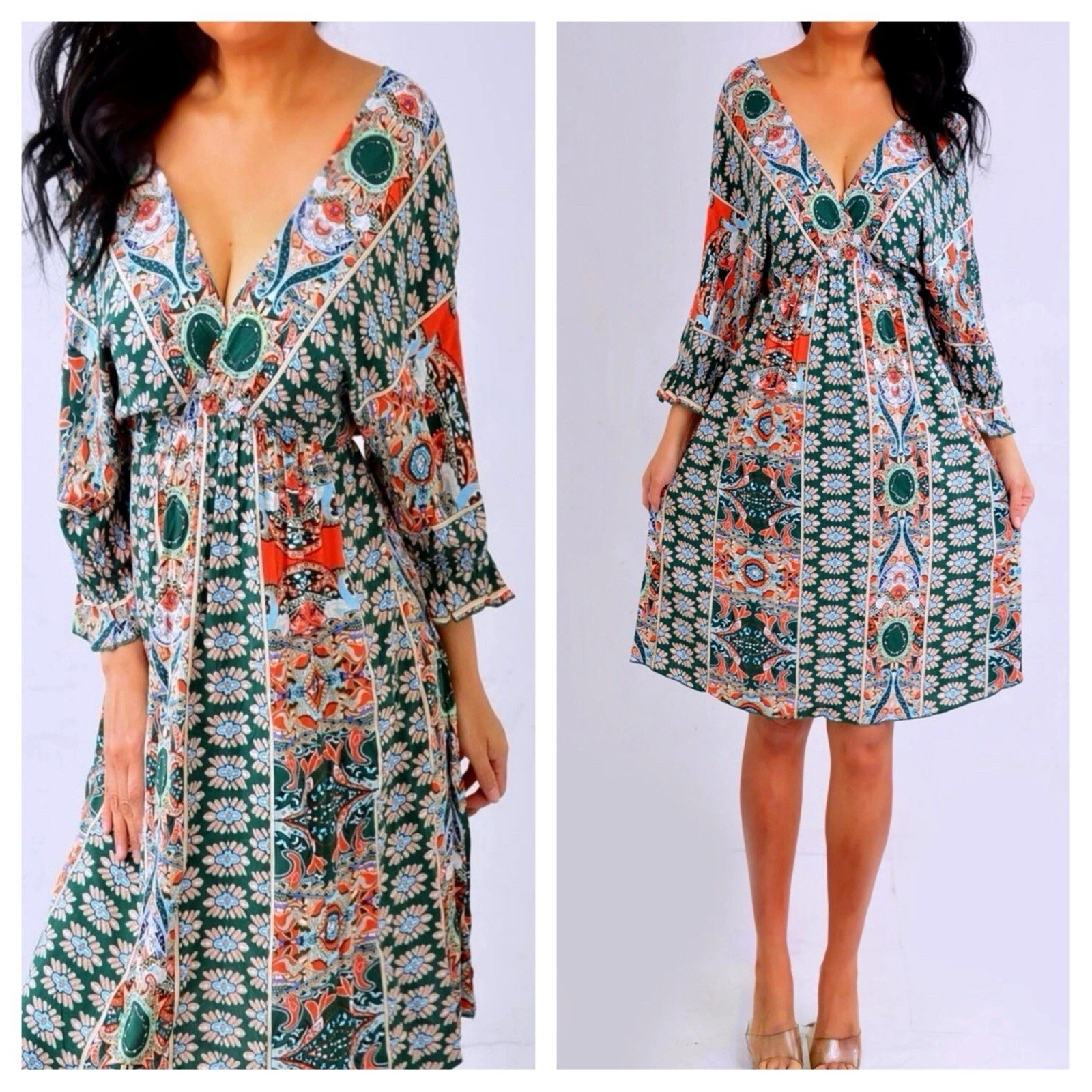 Green Orange Blue Kimono Paisley V Neck Empire Dress Size L Large