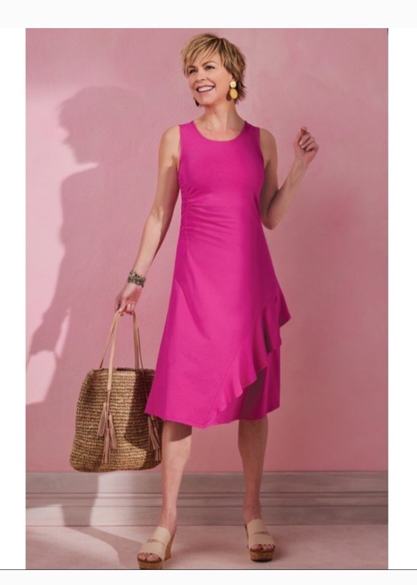 Soft Surroundings Bijou Ruched Tank Dress XL Pink Summer Stretch Ruffle Feminine
