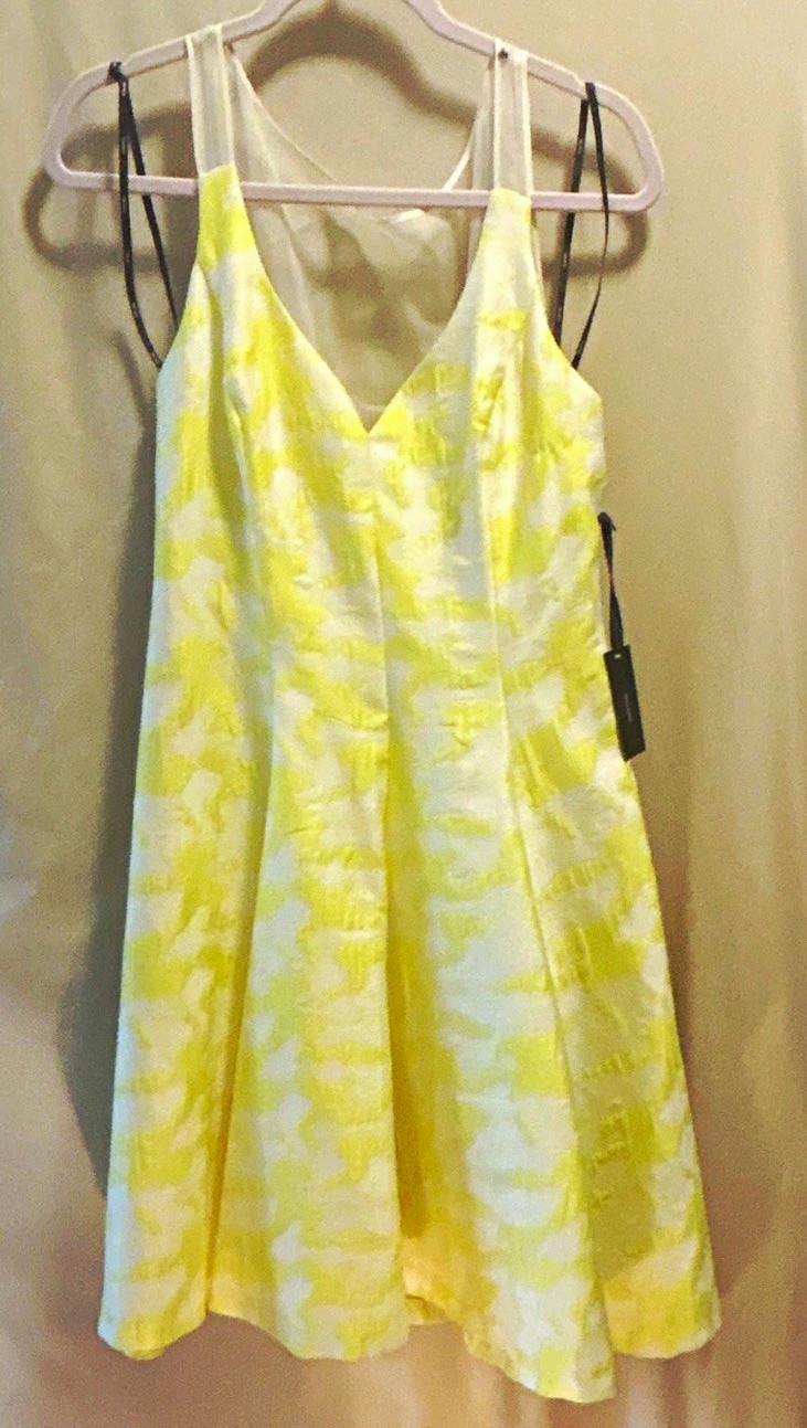 Vera Wang Yellow/White Jacquard A-Line Dress, Sheer Nude Straps & Backing SZ 10