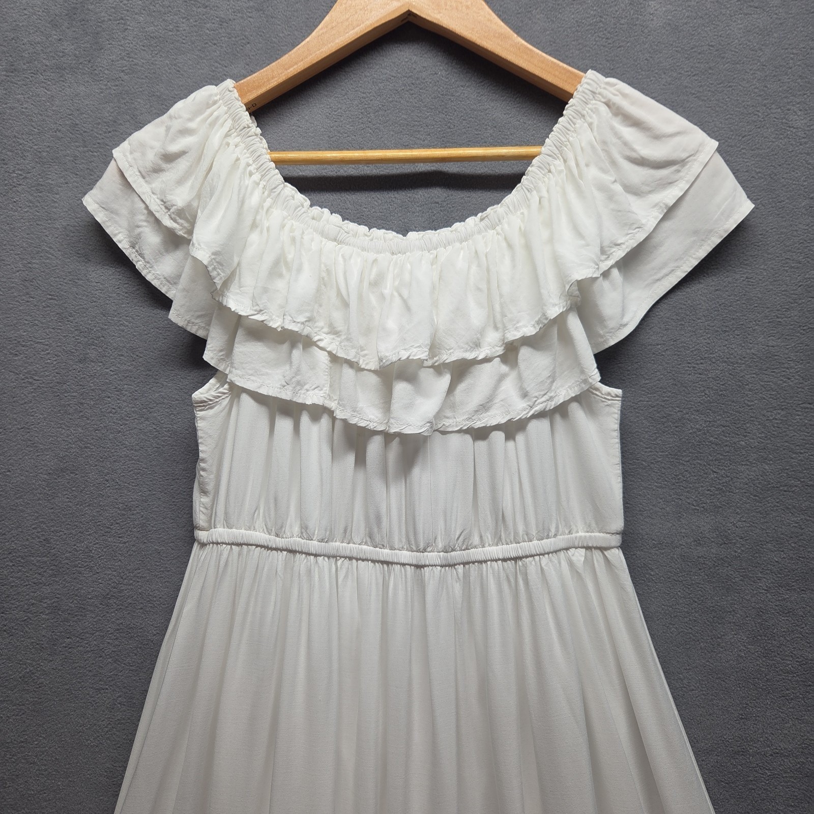 White Cottagecore Maxi Dress Off Shoulder L Cotton Blend Vacation Honeymoon