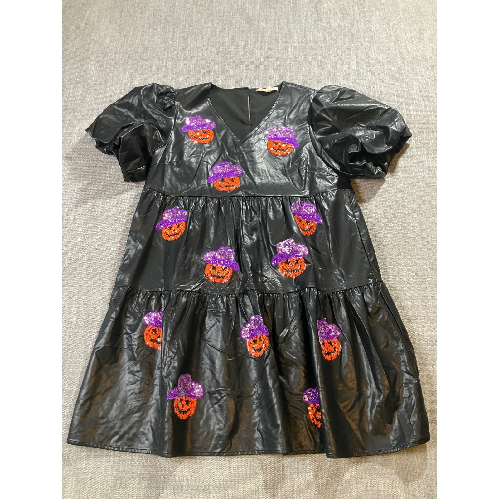 Peach Love California Faux Leather Halloween Sequin Cowboy Pumpkin Dress Large
