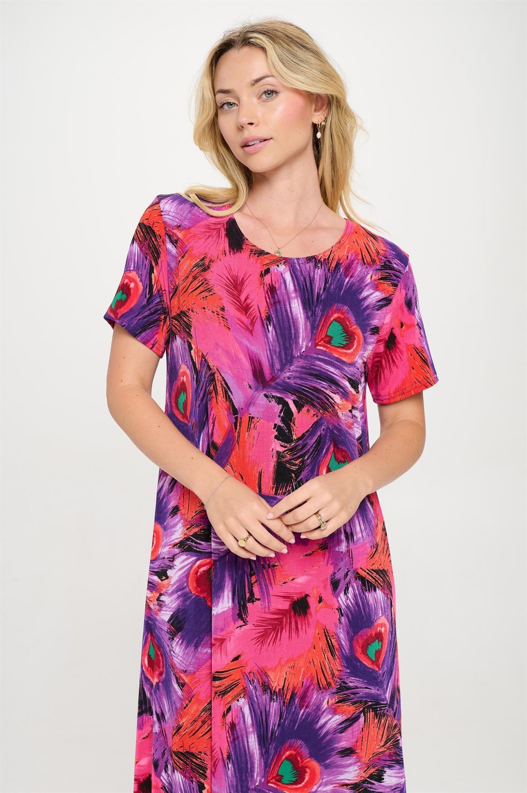 JOSTAR Slinky LONG DRESS Poly Spandex Knit PINK PURPLE Feather S M L XL 2X 3X