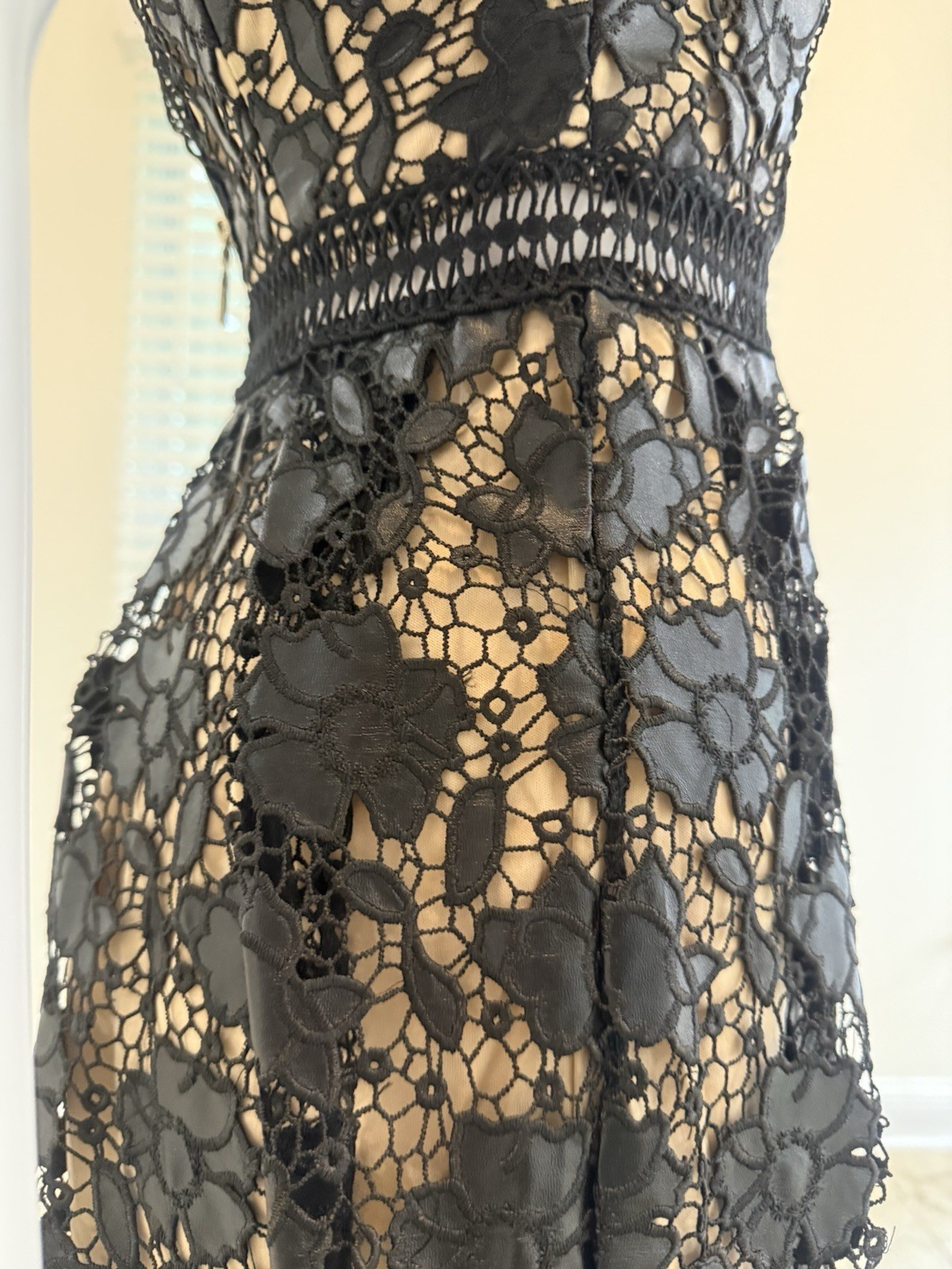 Romeo & Juliet Couture Black and Nude Floral Eyelet Lace Illusion Dress SizeS