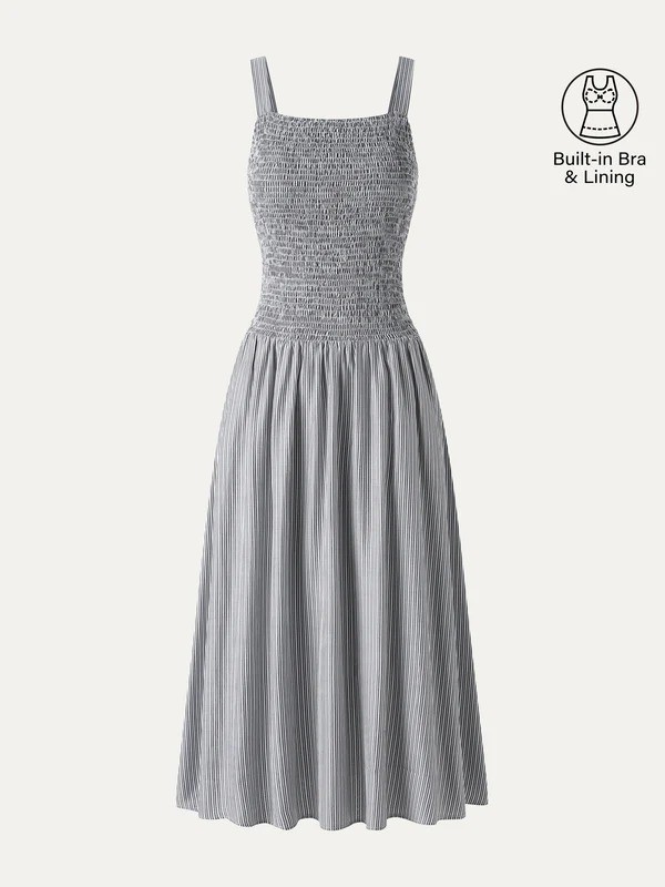 OGL Striped Poplin Square Neck Smocked Midi Bra Dress – Grey/White Stripe