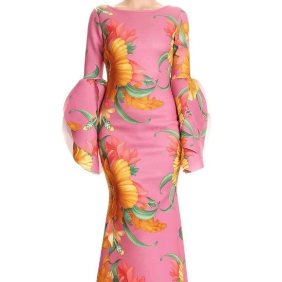 Ivan Troy Women Small Polyester Petal Floral Puff Sleeve Relaxed Fit Maxi Dress