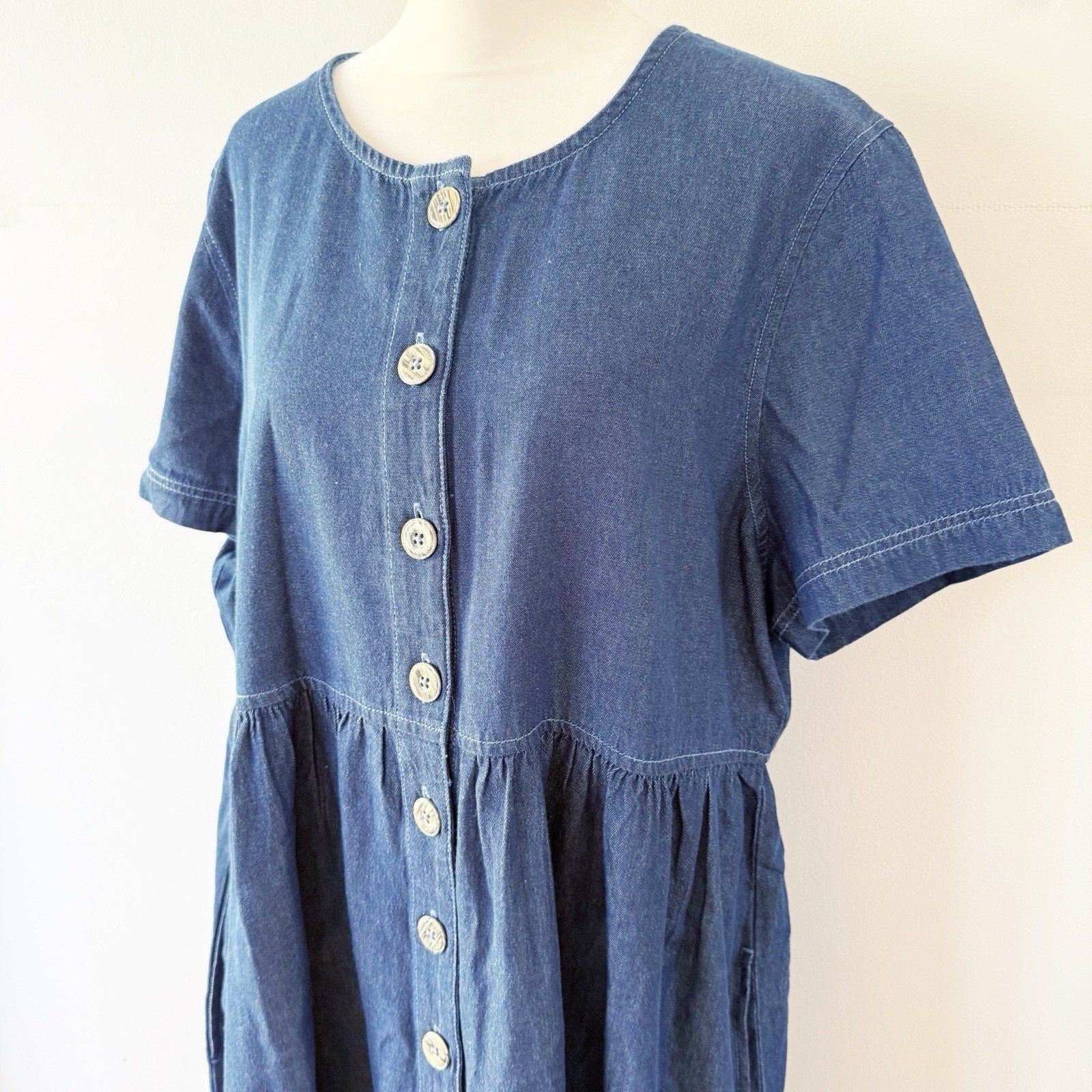 Vintage Women 90s Denim Button Down Maxi Dress Classic Western Country Prairie