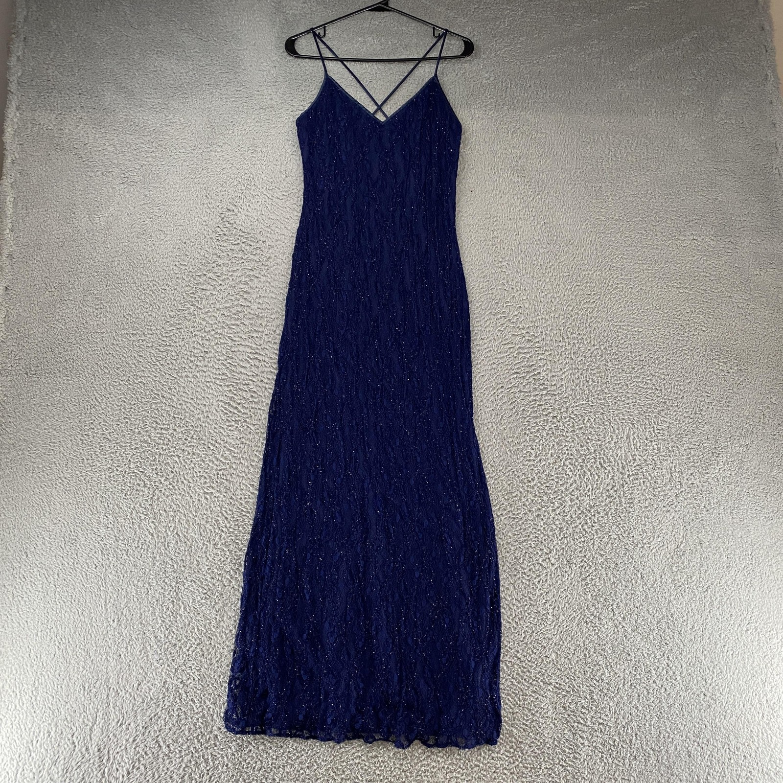 Vintage Reggio Dress Womens 10 Navy Metallic Lace Prom 90s Gown Y2K
